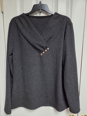 Charcoal Gray Long Sleeve Top with Button Detail